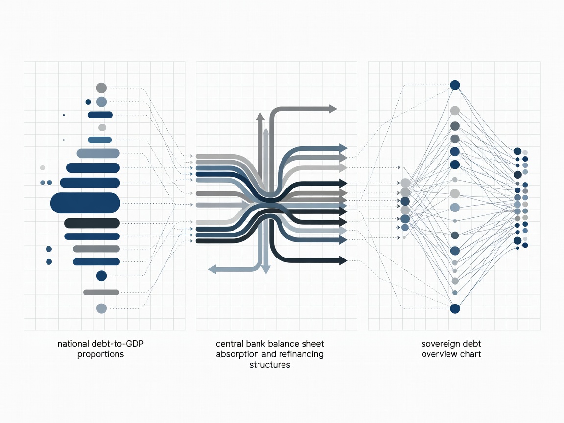 Analytical schematic depicting national debt-to-GDP proportions alongside central bank balance sheet absorption and refinancing structures