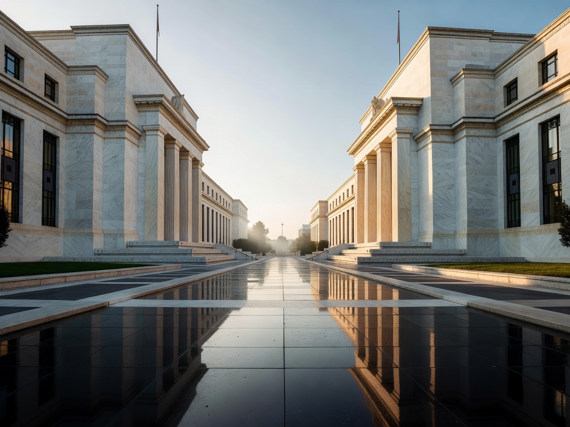 Federal reserve and treasury architectural perspective signifying global reserve currency privilege and treasury bill depth